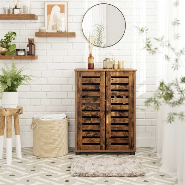 Golvskåp för badrum, förvaringsskåp, multifunktionsskåp, med 2 lamelldörrar, justerbart hyllplan, sideboard, för sovrum, vardagsrum, kök, rustikt bru