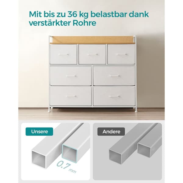 Kommode, skab, opbevaringsmøbel, 7 skuffer i stof med håndtag, metalramme, moderne stil, hvid og træfarve