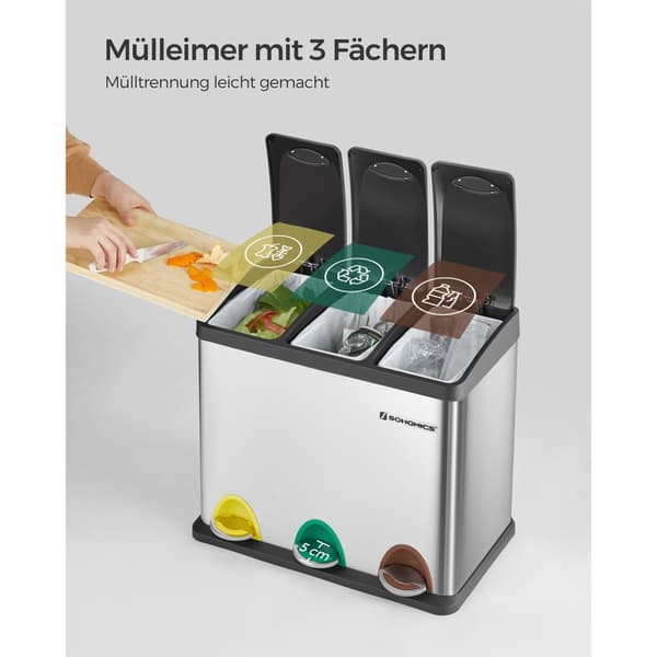 Soptunna, 3-i-1 pedal, 24-liters metallsoptunna, källsorteringssystem för kök, lätt att rengöra, stål, silver LTB24L
