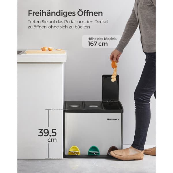 Soptunna, 3-i-1 pedal, 24-liters metallsoptunna, källsorteringssystem för kök, lätt att rengöra, stål, silver LTB24L