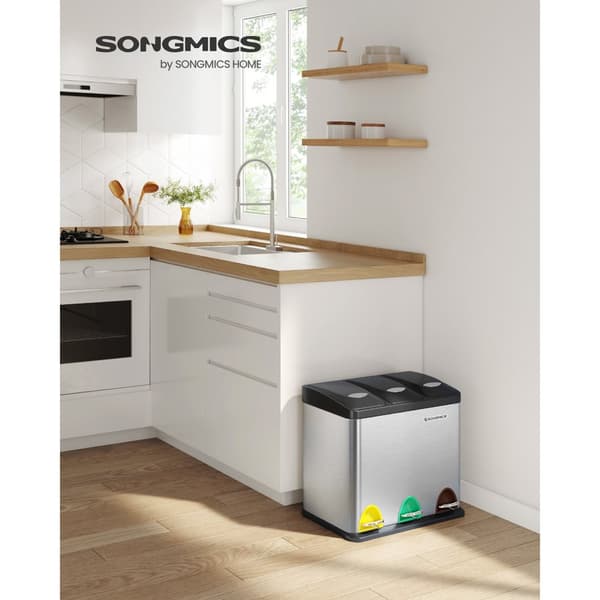 Soptunna, 3-i-1 pedal, 24-liters metallsoptunna, källsorteringssystem för kök, lätt att rengöra, stål, silver LTB24L