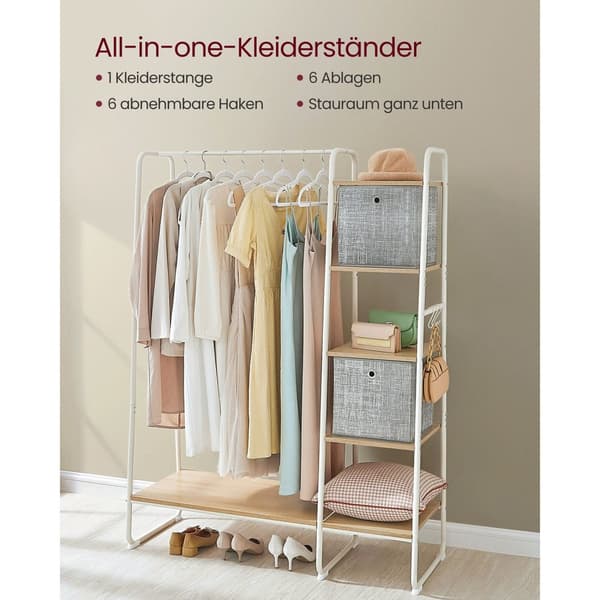Tøjstativ, Garderobestativ, 45 x 120 x 160 cm, Garderobestativ med tøjstang, Skostativ, Åben garderobe, 6 aftagelige kroge, Soveværelse, Entre, Eg Hv
