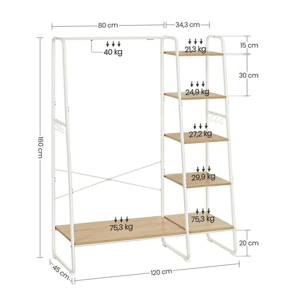 Tøjstativ, Garderobestativ, 45 x 120 x 160 cm, Garderobestativ med tøjstang, Skostativ, Åben garderobe, 6 aftagelige kroge, Soveværelse, Entre, Eg Hv