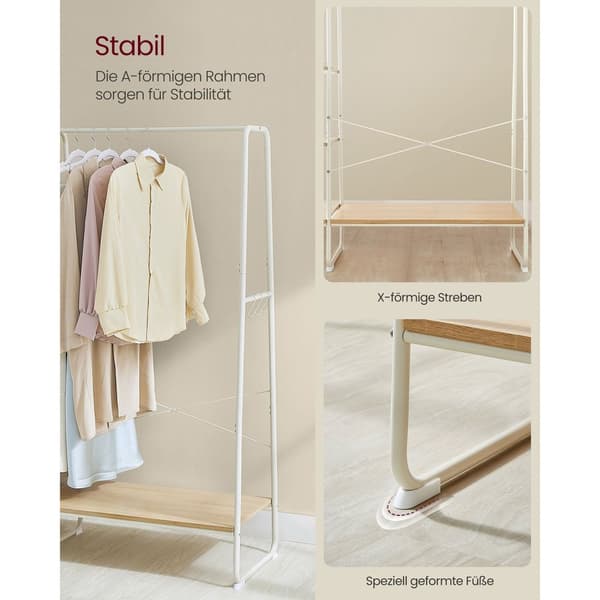 Tøjstativ, Garderobestativ, 45 x 120 x 160 cm, Garderobestativ med tøjstang, Skostativ, Åben garderobe, 6 aftagelige kroge, Soveværelse, Entre, Eg Hv