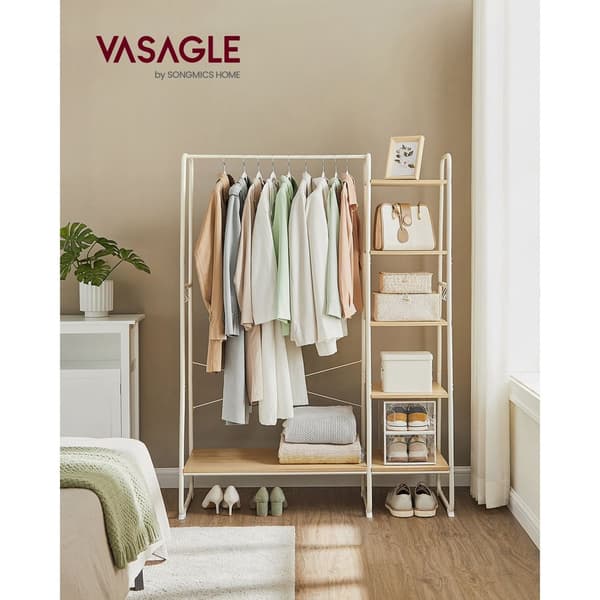 Tøjstativ, Garderobestativ, 45 x 120 x 160 cm, Garderobestativ med tøjstang, Skostativ, Åben garderobe, 6 aftagelige kroge, Soveværelse, Entre, Eg Hv