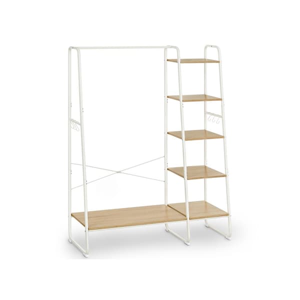 Tøjstativ, Garderobestativ, 45 x 120 x 160 cm, Garderobestativ med tøjstang, Skostativ, Åben garderobe, 6 aftagelige kroge, Soveværelse, Entre, Eg Hv