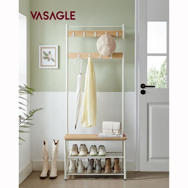 Vaateteline, takkiteline kenkien säilytyspenkillä, eteispuu kenkätelineellä, 3-in-1 muotoilu, teräsrunko, eteiseen, sisäänkäyntiin, 32 x 70 x 175 cm,