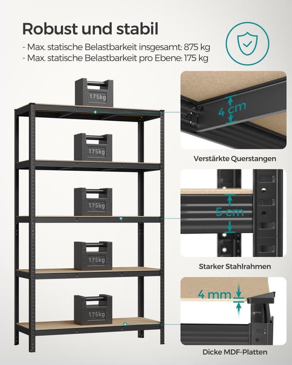 5-stegs hyllplan, stålhyllplan för förvaring, verktygsfri montering, för garage, skjul, lastkapacitet 875 kg, 60 x 120 x 200 cm, svart GLR060B01