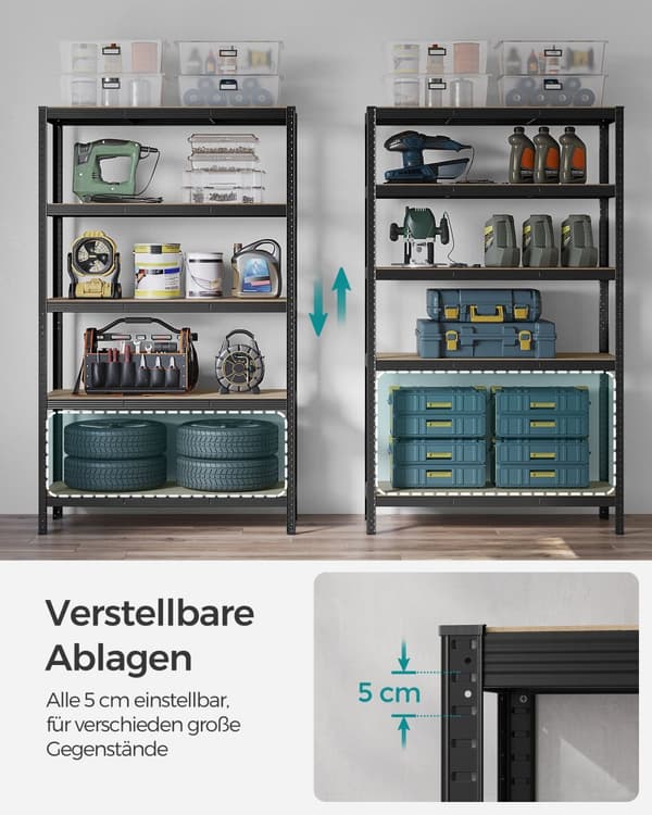 5-stegs hyllplan, stålhyllplan för förvaring, verktygsfri montering, för garage, skjul, lastkapacitet 875 kg, 60 x 120 x 200 cm, svart GLR060B01
