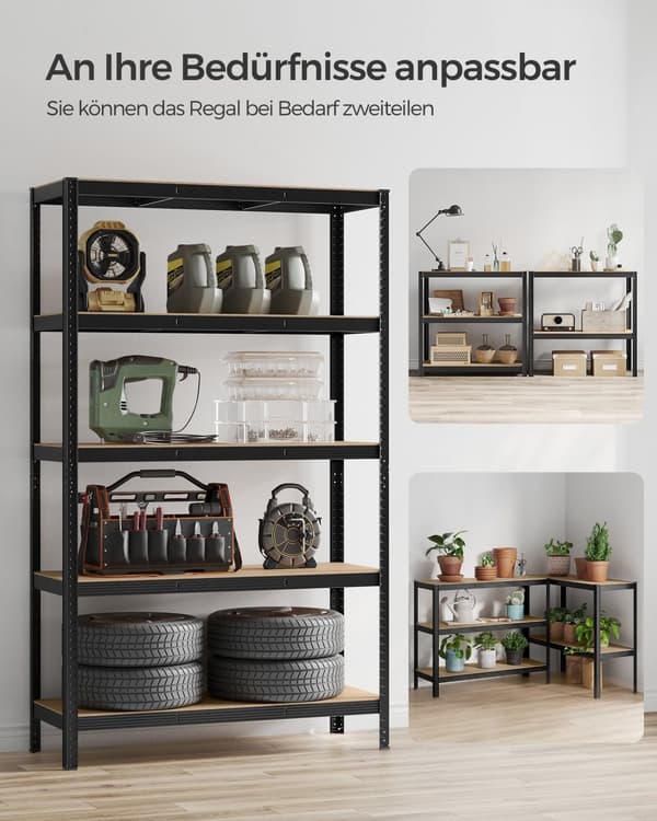 5-stegs hyllplan, stålhyllplan för förvaring, verktygsfri montering, för garage, skjul, lastkapacitet 875 kg, 60 x 120 x 200 cm, svart GLR060B01