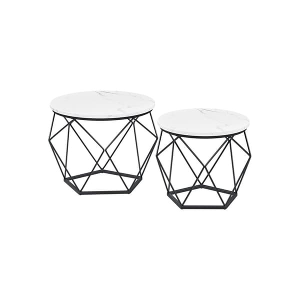 Runda soffbord, uppsättning med 2 sidobord, modern stil, avtagbar bordsskiva, stålram, för vardagsrum, vit och svart LET040B59