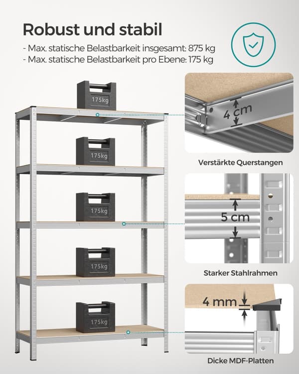 5-trins reol, stålreol til opbevaring, værktøjsfri montering, til garage, skur, belastningskapacitet 875 kg, 60 x 120 x 200 cm, sølv GLR060E01