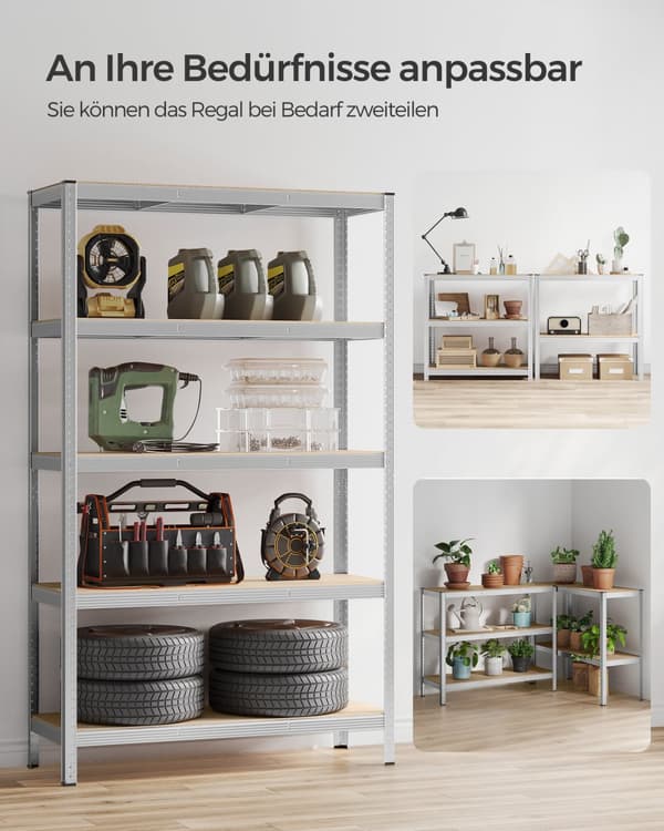 5-trins reol, stålreol til opbevaring, værktøjsfri montering, til garage, skur, belastningskapacitet 875 kg, 60 x 120 x 200 cm, sølv GLR060E01