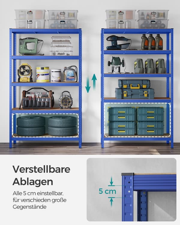5-stegs hyllplan, stålhyllplan för förvaring, verktygsfri montering, för garage, skjul, lastkapacitet 875 kg, 60 x 120 x 200 cm, blå GLR060Q01