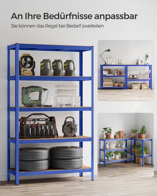 5-stegs hyllplan, stålhyllplan för förvaring, verktygsfri montering, för garage, skjul, lastkapacitet 875 kg, 60 x 120 x 200 cm, blå GLR060Q01