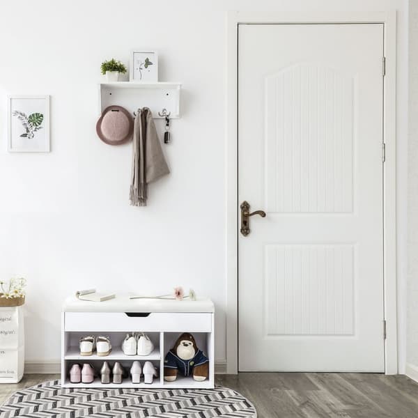 Skobänk i trä, förvaringsstol, hallskåp med 2 hyllor och en dold byrå, vit LHS30W