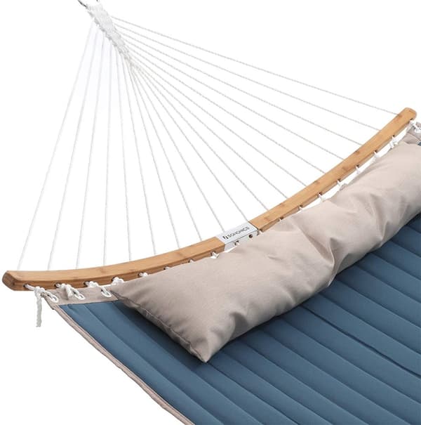 Pehmustettu kaksinkertainen riippumatto, tikattu riippumatto, jossa irrotettava kaareva bambu Spreader Bars, Swing Bed tyynyllä, Oxford kangas, 200 x