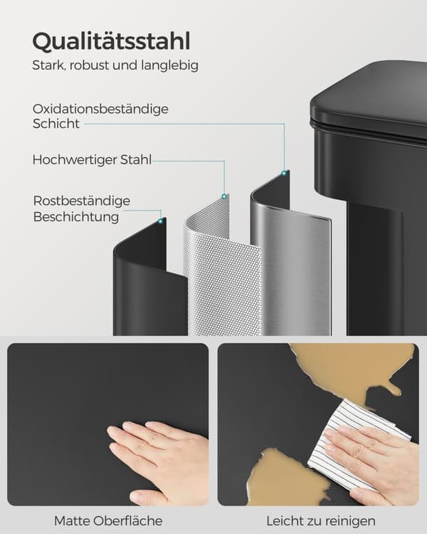 Köksbehållare, 10.5 Gallon (40L) soptunna, stor stegad soptunna med lock, stål, mjukstängning, 15 påsar ingår, svart LTB540B4002
