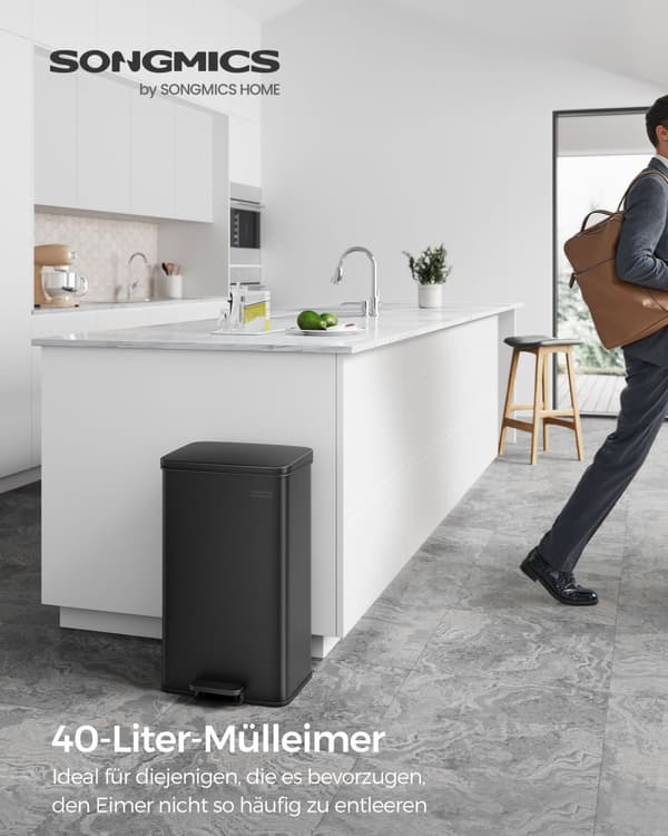 Köksbehållare, 10.5 Gallon (40L) soptunna, stor stegad soptunna med lock, stål, mjukstängning, 15 påsar ingår, svart LTB540B4002