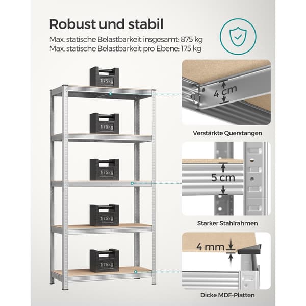 5-trins reoler, sæt med 2 stålreoler til opbevaring, værktøjsfri montering, til garage, skur, belastningskapacitet 875 kg, 40 x 90 x 180 cm, sølv GLR