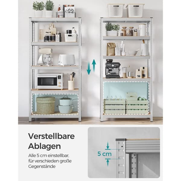 5-trins reoler, sæt med 2 stålreoler til opbevaring, værktøjsfri montering, til garage, skur, belastningskapacitet 875 kg, 40 x 90 x 180 cm, sølv GLR