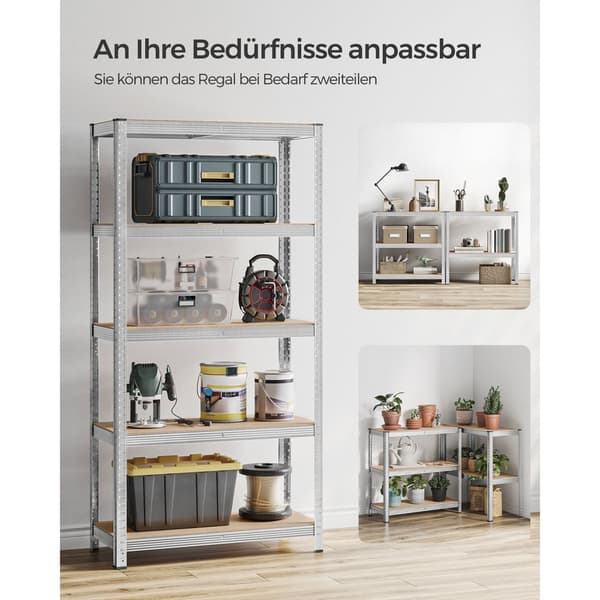 5-trins reoler, sæt med 2 stålreoler til opbevaring, værktøjsfri montering, til garage, skur, belastningskapacitet 875 kg, 40 x 90 x 180 cm, sølv GLR