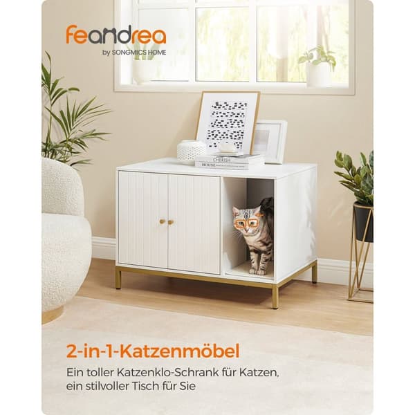 Feandrea kattlådehölje, dold kattlådemöbel med klösmatta, höga ben, katthus, sidobord, 80 x 50 x 55 cm, vit och guld V1