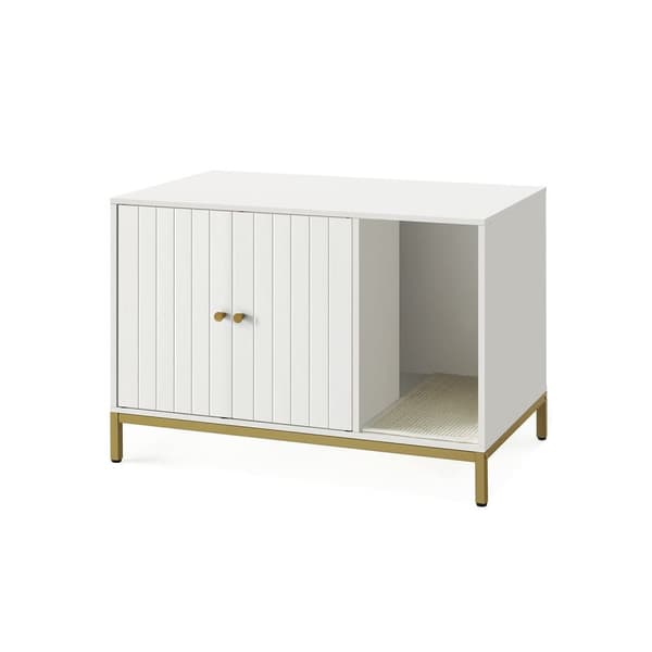 Feandrea kattlådehölje, dold kattlådemöbel med klösmatta, höga ben, katthus, sidobord, 80 x 50 x 55 cm, vit och guld V1