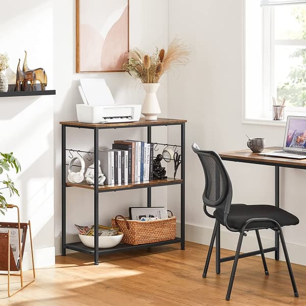 Kökshylla, mikrovågshylla, köksö, stående hylla, metallram, 3 hyllplan, öppna, 6 krokar, multifunktionell hylla, 80 x 40 x 90 cm, industriell design,
