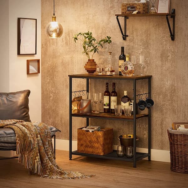 Kökshylla, mikrovågshylla, köksö, stående hylla, metallram, 3 hyllplan, öppna, 6 krokar, multifunktionell hylla, 80 x 40 x 90 cm, industriell design,