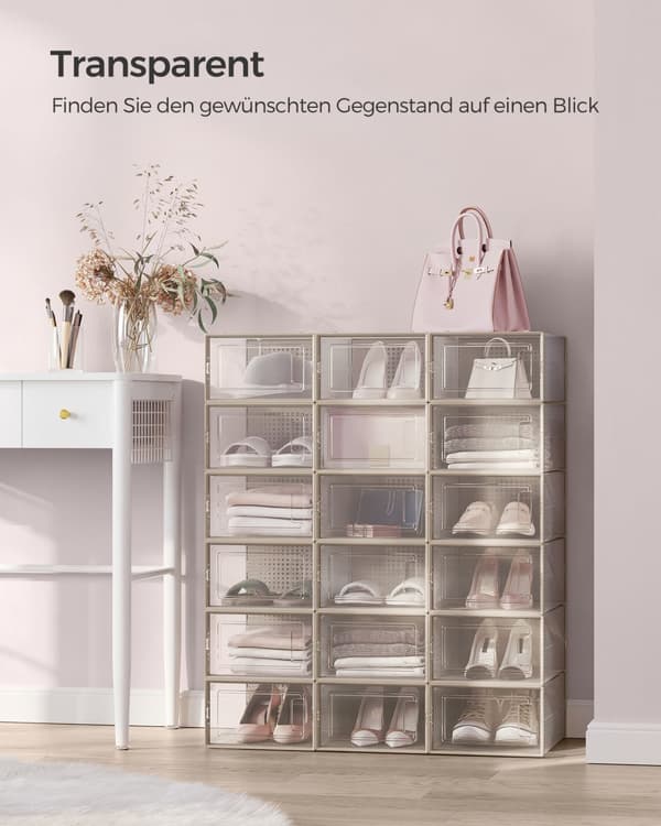Skokartonger set om 18 hopfällbara och stapelbara transparent oatmeal beige
