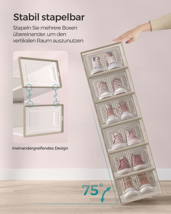 Skokartonger set om 18 hopfällbara och stapelbara transparent oatmeal beige