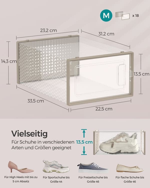 Skokartonger set om 18 hopfällbara och stapelbara transparent oatmeal beige