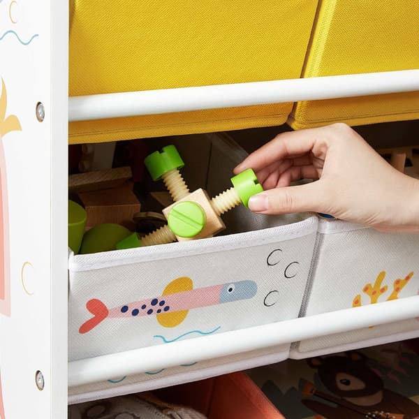 Lelujen järjestäjä, säilytyshylly, jossa 12 kuitukangaslaatikkoa, pelejä, kirjoja, lasten leluhylly, leikkihuoneessa, lastenhuoneessa, monikäyttöinen