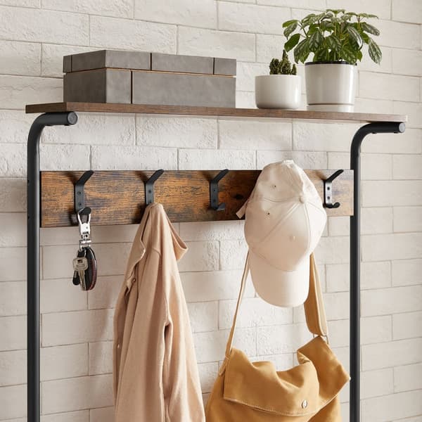 Coat Rack Stand, Hall Tree kenkäsäilytys, 5 Tier Shoe Rack eri korkeus, 5 Dual koukut, Top hylly, eteinen makuuhuone Dorm Apartment, Industrial, Rust
