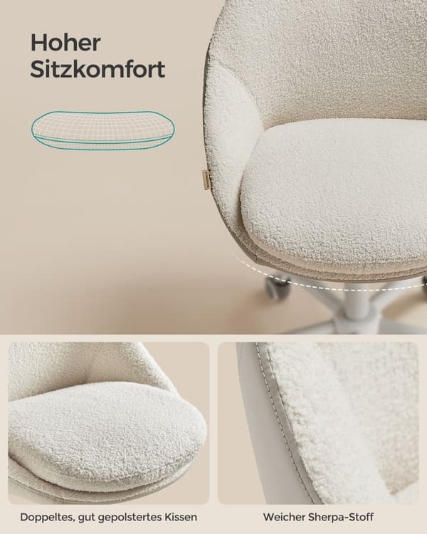 Home Office Sherpa Meikkituoli, pöytätuoli, vaahtomuovipehmuste, korkeussäädettävä, työhuoneeseen, makuuhuoneeseen, Cappuccino Beige/Cloud White