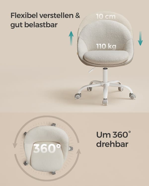 Home Office Sherpa Meikkituoli, pöytätuoli, vaahtomuovipehmuste, korkeussäädettävä, työhuoneeseen, makuuhuoneeseen, Cappuccino Beige/Cloud White