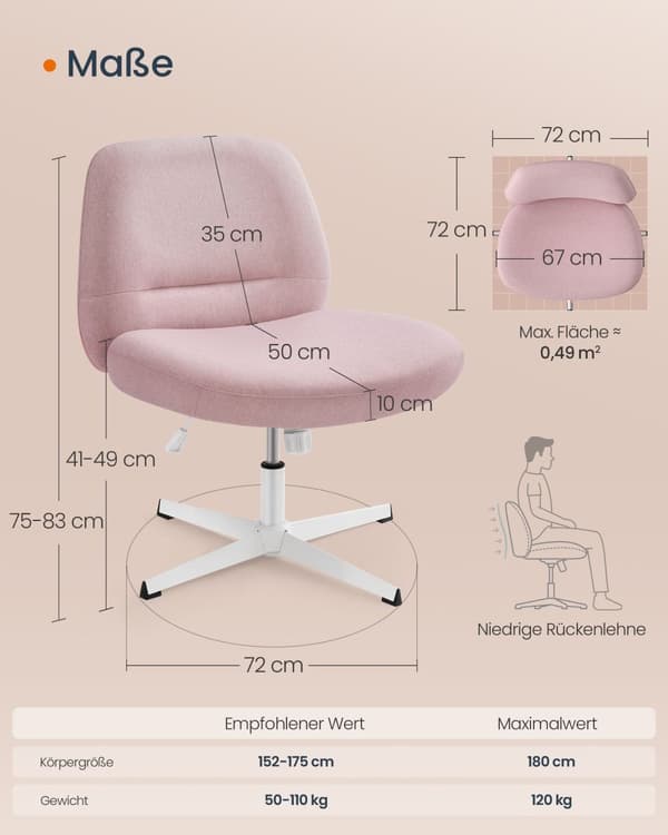 Kontorsstol med bred sits och kryssfot pastellrosa