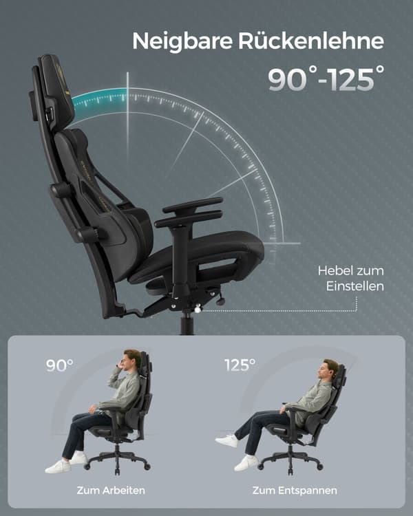 Gaming-lænestol, EVOGAMER Chair, kontorstol, imiteret kulfiber, med justerbar hovedstøtte og armlæn, tilbagelænet ryglæn, kapacitet 150 kg, blæksort