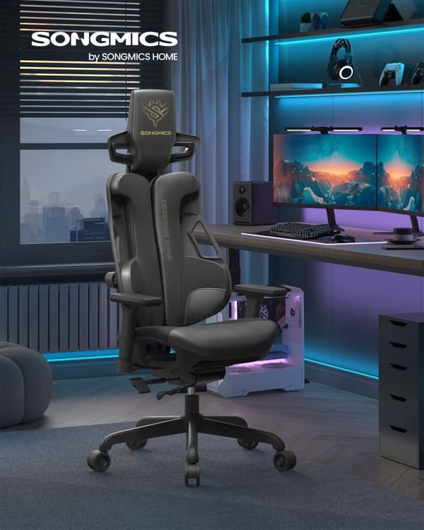 Gaming-lænestol, EVOGAMER Chair, kontorstol, imiteret kulfiber, med justerbar hovedstøtte og armlæn, tilbagelænet ryglæn, kapacitet 150 kg, blæksort