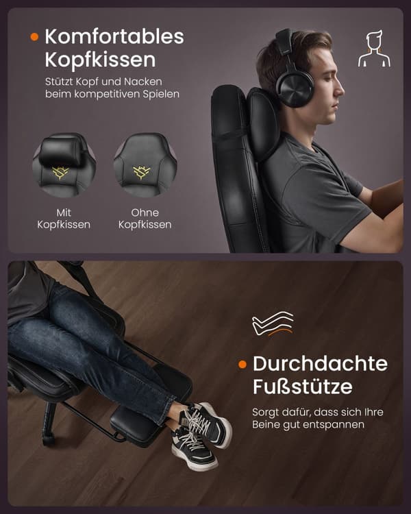 Gamingstol Ergonomisk computerstol med fodstøtte Kontorstol med pude PU Højdejusterbar blæk Sort