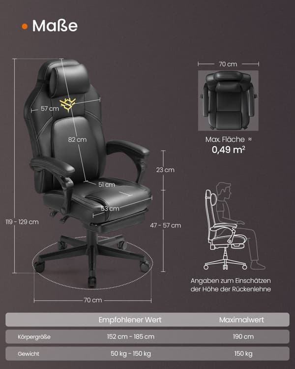 Gamingstol Ergonomisk computerstol med fodstøtte Kontorstol med pude PU Højdejusterbar blæk Sort