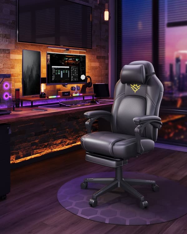 Gamingstol Ergonomisk computerstol med fodstøtte Kontorstol med pude PU Højdejusterbar blæk Sort