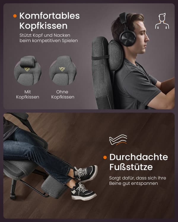 Højdejusterbar gamingstol med fodstøtte og nakkestøttepude dove grey