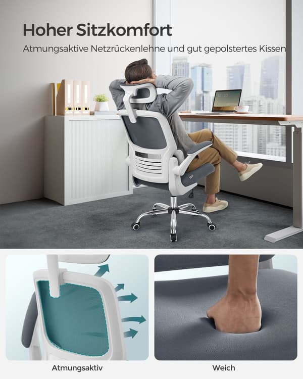 Kontorsstol, skrivbordsstol, ergonomisk, fällbara armstöd, högt ryggstöd, nätstol med svankstöd och justerbart nackstöd, gungfunktion, Dove Grey