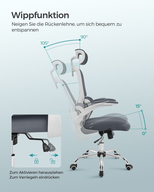 Kontorsstol, skrivbordsstol, ergonomisk, fällbara armstöd, högt ryggstöd, nätstol med svankstöd och justerbart nackstöd, gungfunktion, Dove Grey