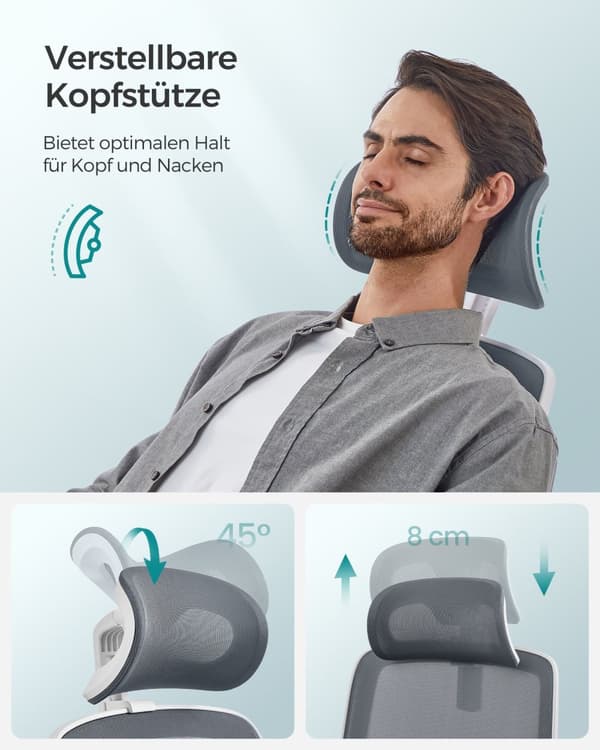 Kontorsstol, skrivbordsstol, ergonomisk, fällbara armstöd, högt ryggstöd, nätstol med svankstöd och justerbart nackstöd, gungfunktion, Dove Grey