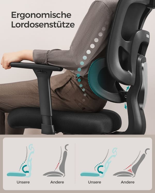 Ergonomisk kontorsstol, kontorsstol med hög rygg, sits i canvas, ländryggsstöd, höjdjusterbar, 3D-nackstöd, justerbara armstöd, ink black