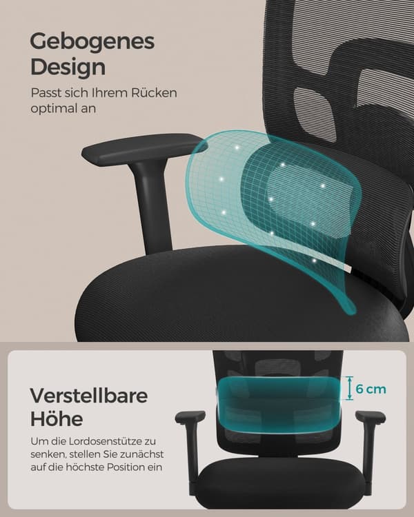 Ergonomisk kontorsstol, kontorsstol med hög rygg, sits i canvas, ländryggsstöd, höjdjusterbar, 3D-nackstöd, justerbara armstöd, ink black
