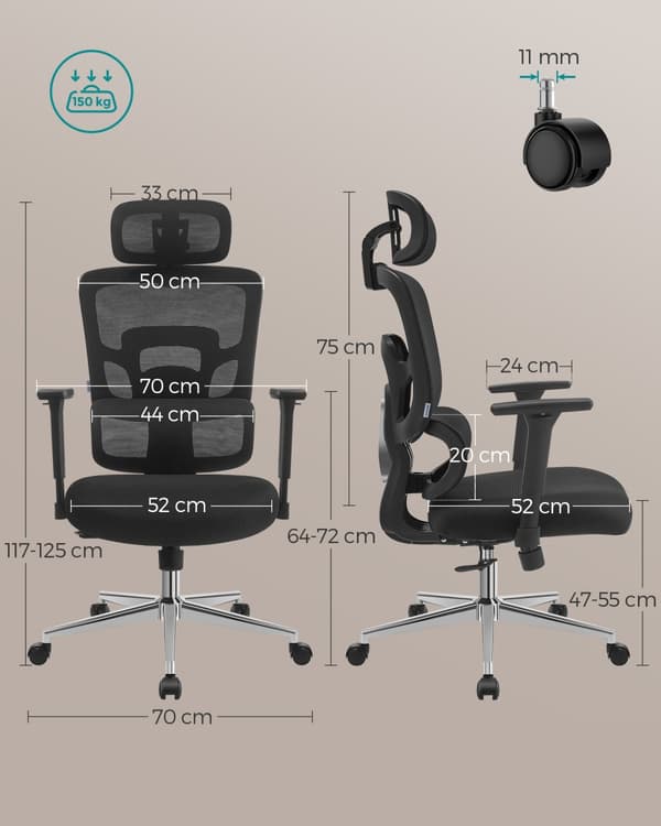 Ergonomisk kontorsstol, kontorsstol med hög rygg, sits i canvas, ländryggsstöd, höjdjusterbar, 3D-nackstöd, justerbara armstöd, ink black